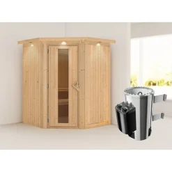 Elementsauna 'Valeria' naturbelassen mit Energiespartür und Kranz 3,6 kW Ofen integrierte Steuerung 165 x 165 x 202 cm