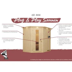 Elementsauna 'Valeria' naturbelassen mit Energiespartür und Kranz 3,6 kW Ofen integrierte Steuerung 165 x 165 x 202 cm
