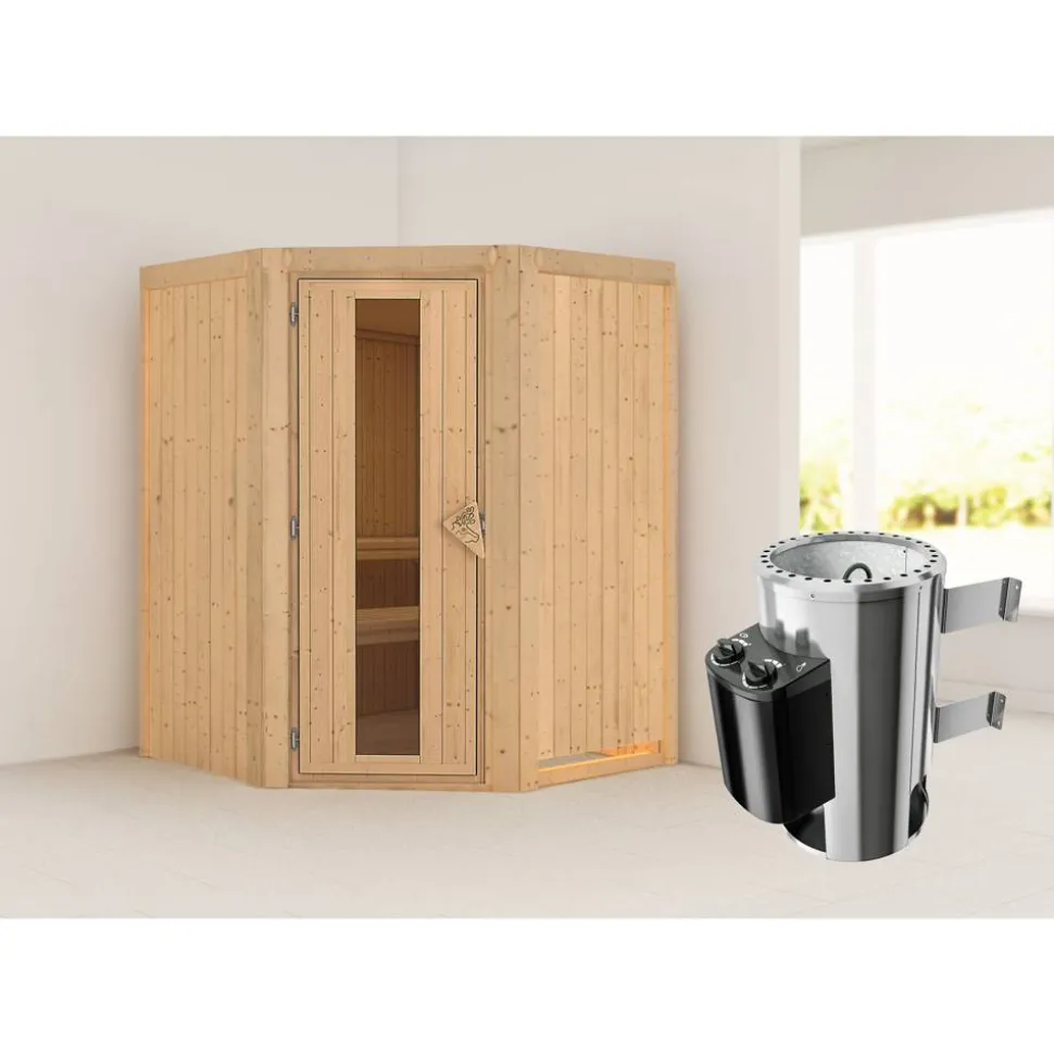 Elementsauna 'Valeria' naturbelassen mit Energiespartür 3,6 kW Ofen integrierte Steuerung 151 x 151 x 198 cm