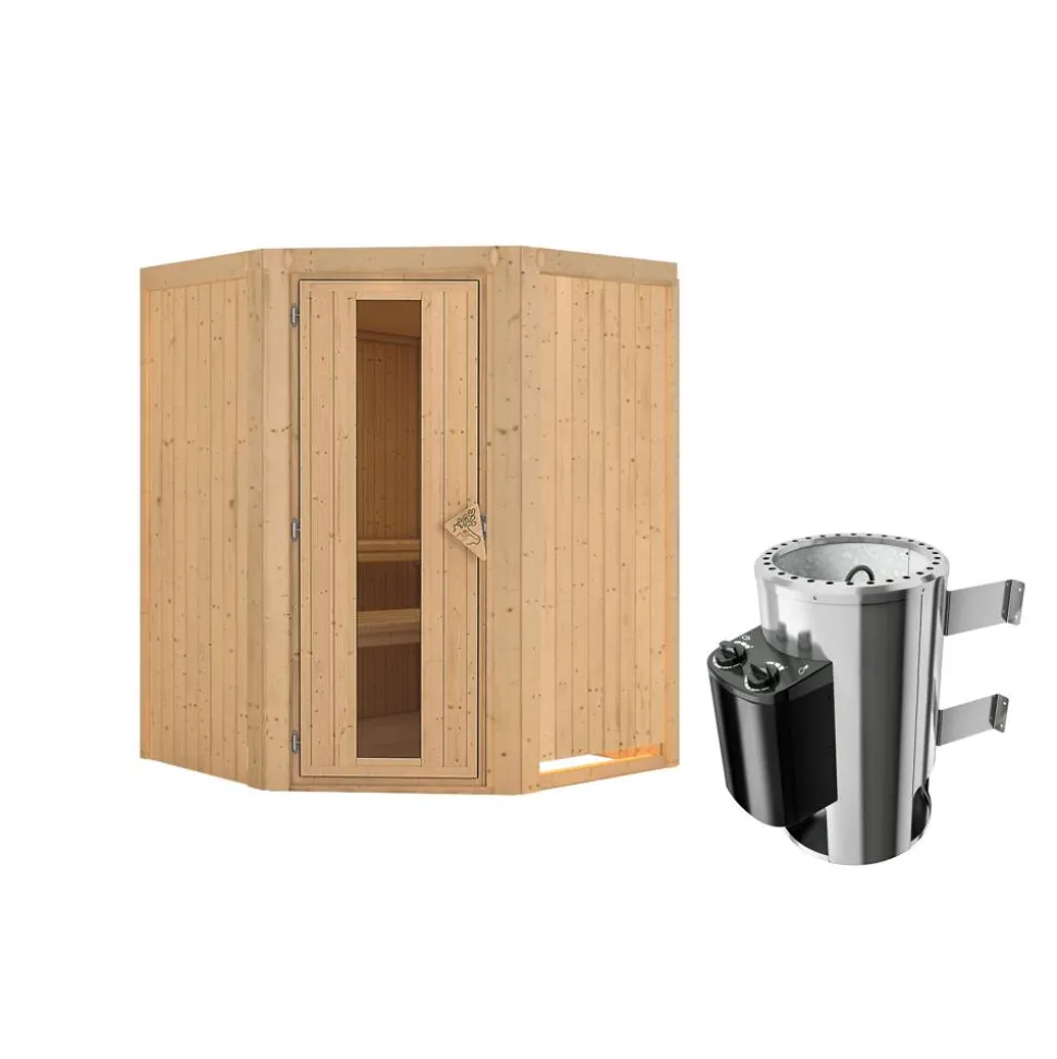 Elementsauna 'Valeria' naturbelassen mit Energiespartür 3,6 kW Ofen integrierte Steuerung 151 x 151 x 198 cm