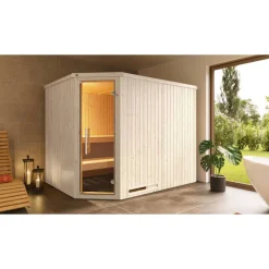 Elementsauna 'Varberg 4 Eck' weiß lasiert Glastür 244 x 194 x 199 cm, ohne Ofen