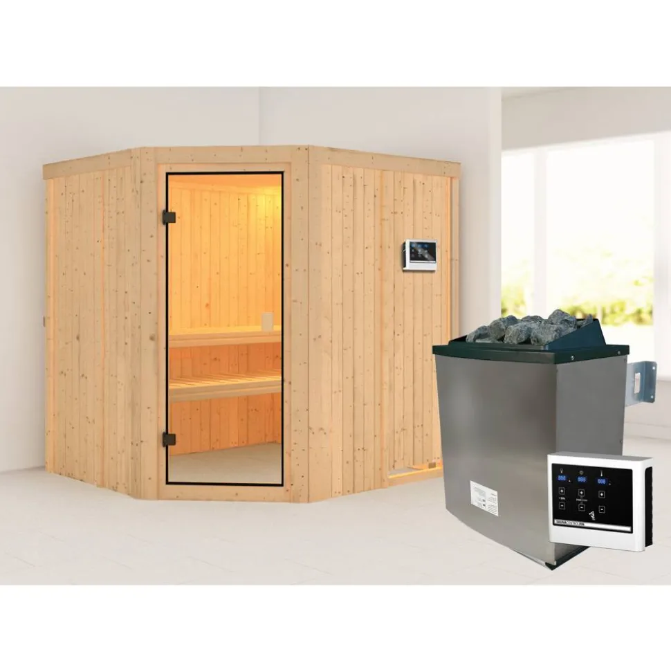 Elementsauna 'Varberg' natur 9 kW Ofen, Steuerung Easy, Glastür, Zubehörpaket 178 x 196 x 198 cm