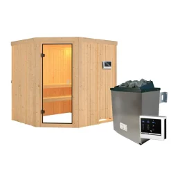 Elementsauna 'Varberg' natur 9 kW Ofen, Steuerung Easy, Glastür, Zubehörpaket 178 x 196 x 198 cm