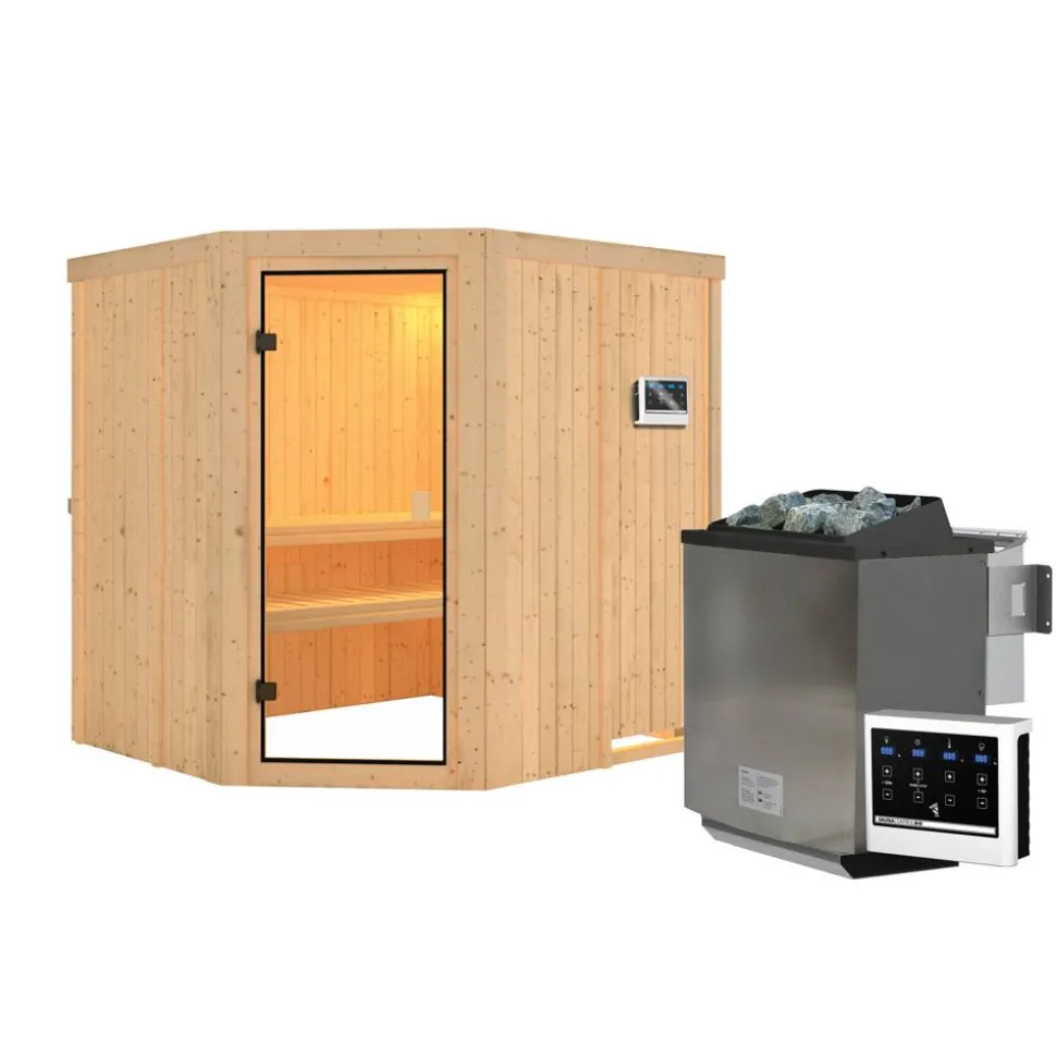Elementsauna 'Varberg' natur 9 kW Bio-Ofen, Steuerung Easy, Glastür, Zubehörpaket 178 x 196 x 198 cm