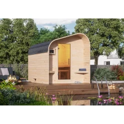 Fasshaus-Sauna 'Santo 2' asymmetrisch SET naturbelassen 9 kW Ofen externe Steuerung 219 x 295 x 244,5 cm