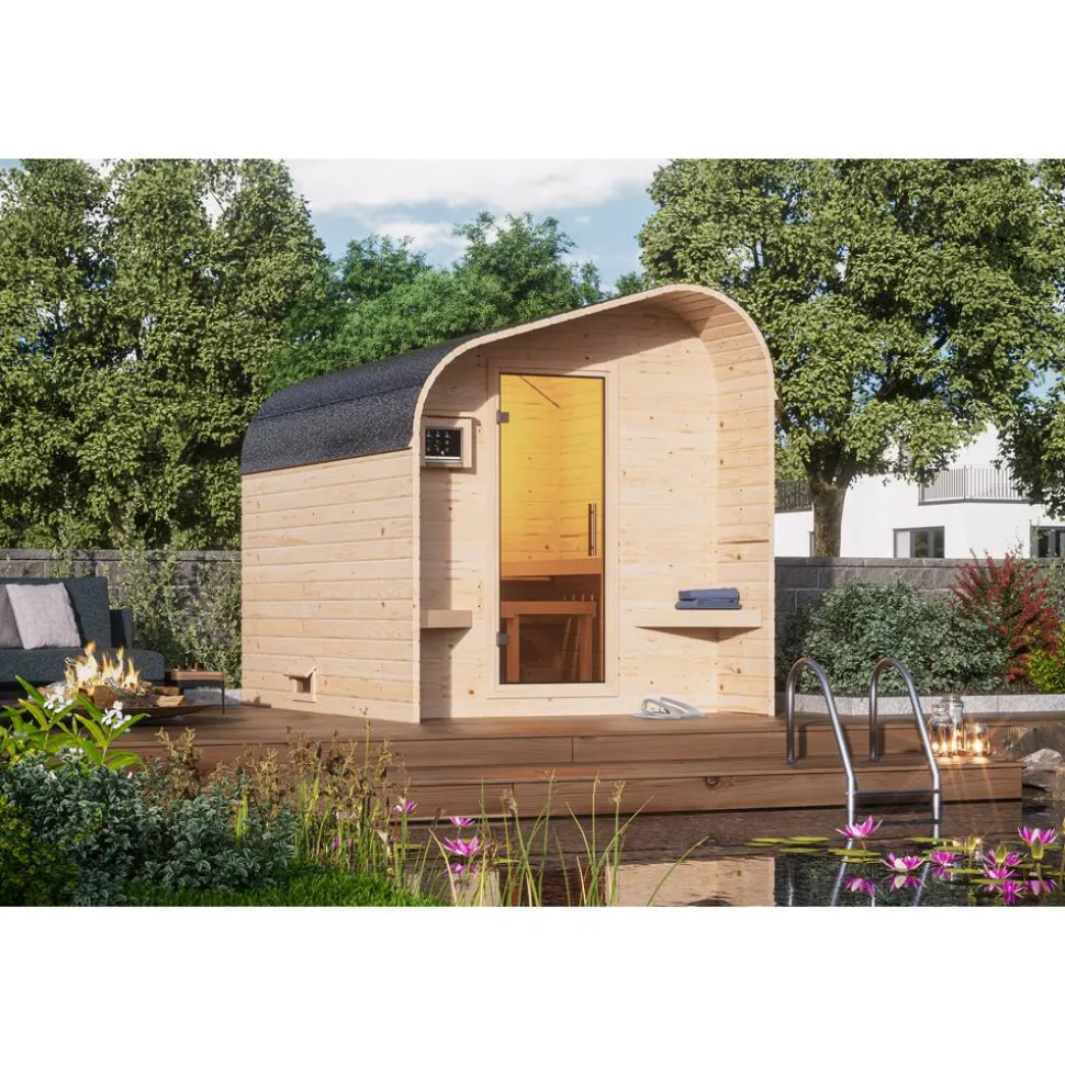 Fasshaus-Sauna 'Santo 2' asymmetrisch SET naturbelassen 9 kW Ofen externe Steuerung 219 x 295 x 244,5 cm