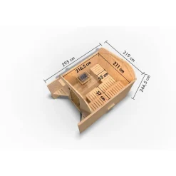 Fasshaus-Sauna 'Santo 2' asymmetrisch SET naturbelassen 9 kW Ofen externe Steuerung 219 x 295 x 244,5 cm