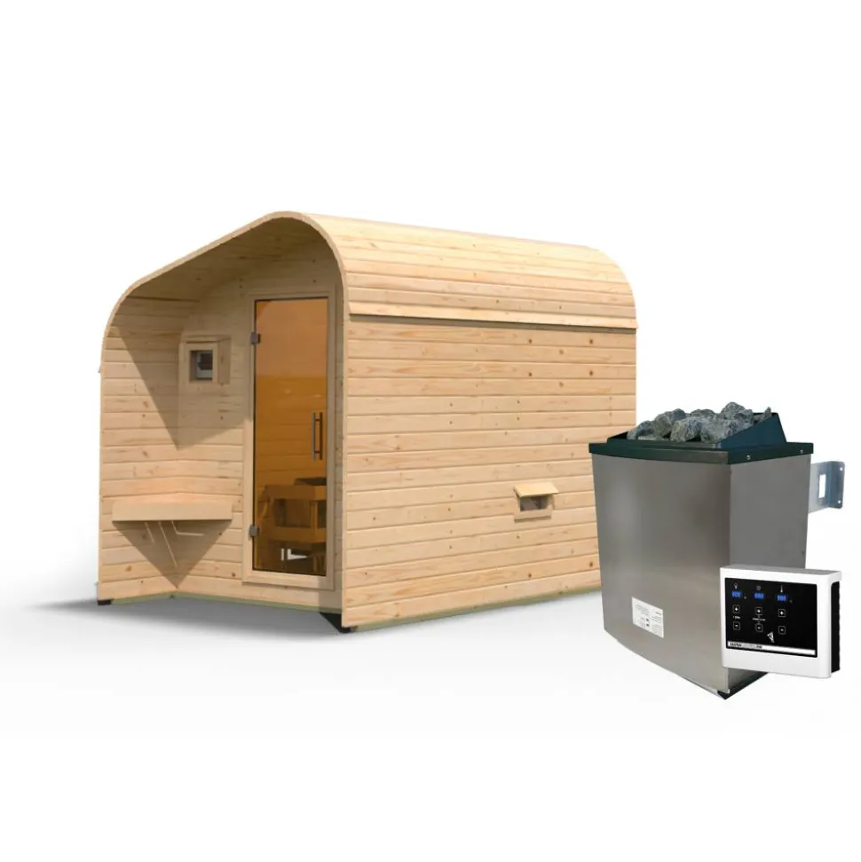 Fasshaus-Sauna 'Santo 2' asymmetrisch SET naturbelassen 9 kW Ofen externe Steuerung 219 x 295 x 244,5 cm
