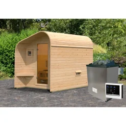 Fasshaus-Sauna 'Santo 2' asymmetrisch SET naturbelassen 9 kW Ofen externe Steuerung 219 x 295 x 244,5 cm