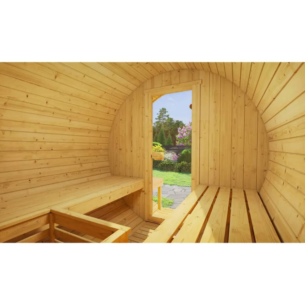 Fasssauna '198 Sparset 2' natur 9,0 kW OS-Ofen Steuerung Glastür 210,5 x 255,5 x 217,5 cm