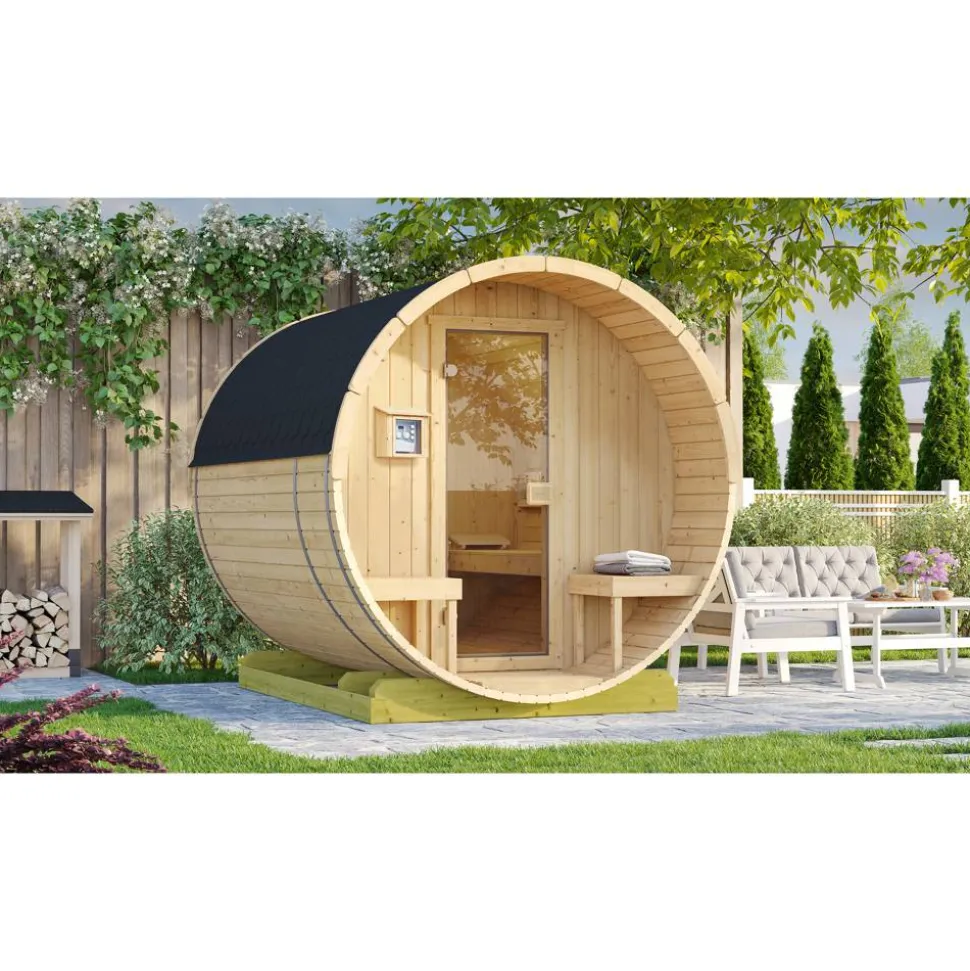 Fasssauna '198 Sparset 2' natur 9,0 kW OS-Ofen Steuerung Glastür 210,5 x 255,5 x 217,5 cm