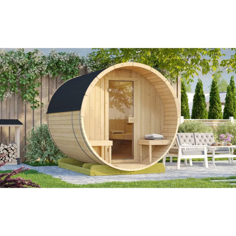 Fasssauna '198 Sparset 1', natur 9,0 kW Kompakt-Ofen Steuerung Glastür 210,5 x 255,5 x 217,5 cm