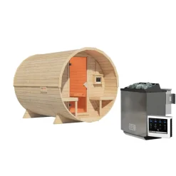 Fasssauna Größe 2 naturbelassen 9 kW Bio-Ofen externe Steuerung 225 x 295 x 229 cm