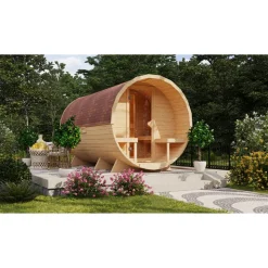 Fasssauna Größe 3 naturbelassen 9 kW Bio-Ofen externe Steuerung 225 x 385 x 229 cm