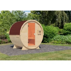 Fasssauna Größe 1 naturbelassen mit roten Schindeln 225 x 175 x 229 cm