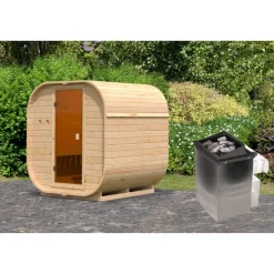 Fasssauna 'Sisco 1' naturbelassen 9 kW Ofen integrierte Steuerung 199 x 175 x 205 cm