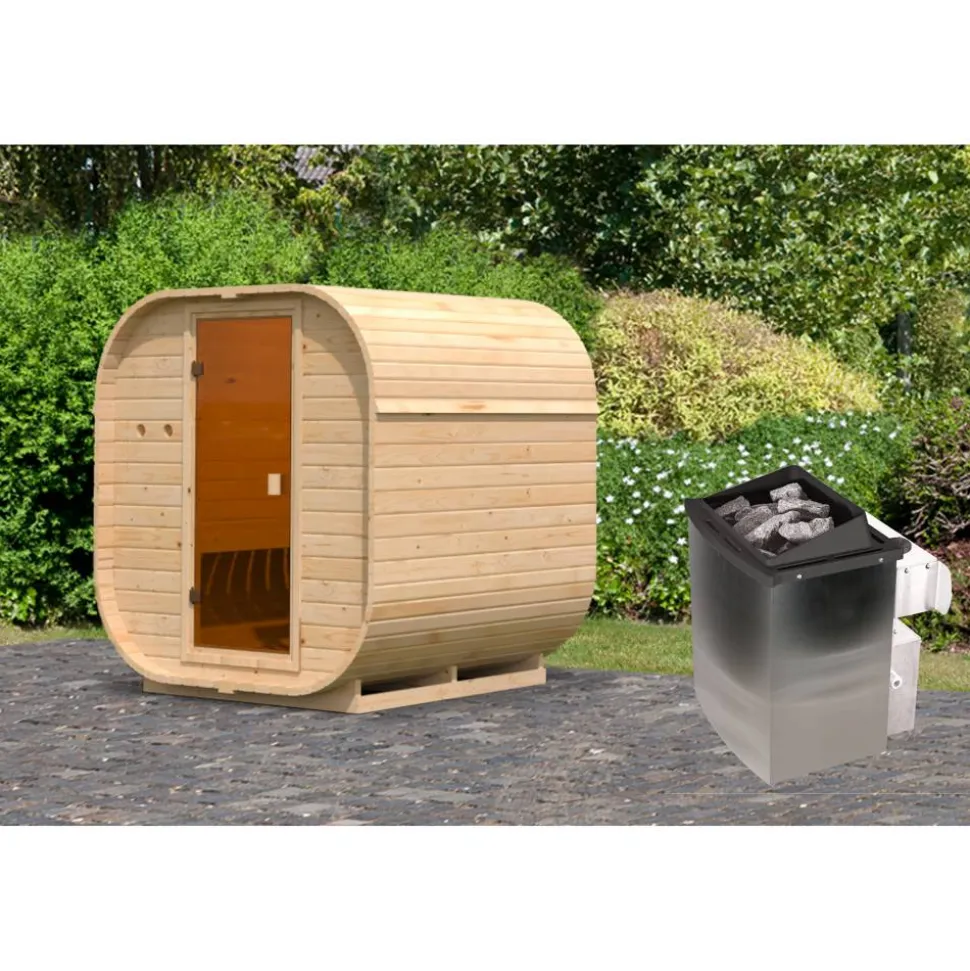 Fasssauna 'Sisco 1' naturbelassen 9 kW Ofen integrierte Steuerung 199 x 175 x 205 cm