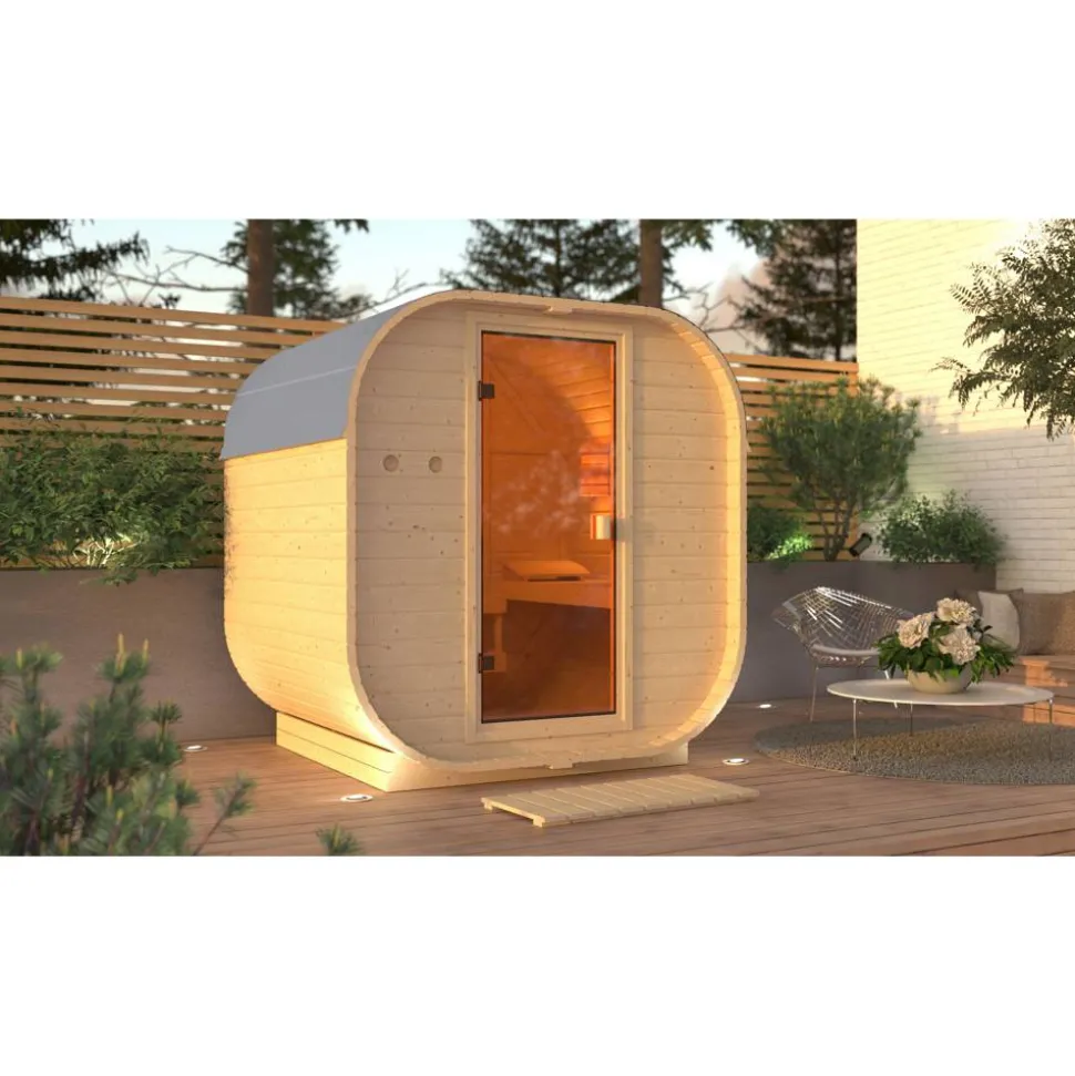Fasssauna 'Sisco 1' naturbelassen 9 kW Ofen integrierte Steuerung 199 x 175 x 205 cm
