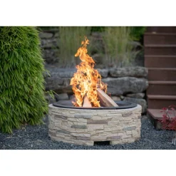 Feuerstelle Steinoptik braun mit Abfanggitter Stahl 90 x 90 x 51 cm