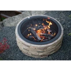 Feuerstelle Steinoptik braun mit Abfanggitter Stahl 90 x 90 x 51 cm
