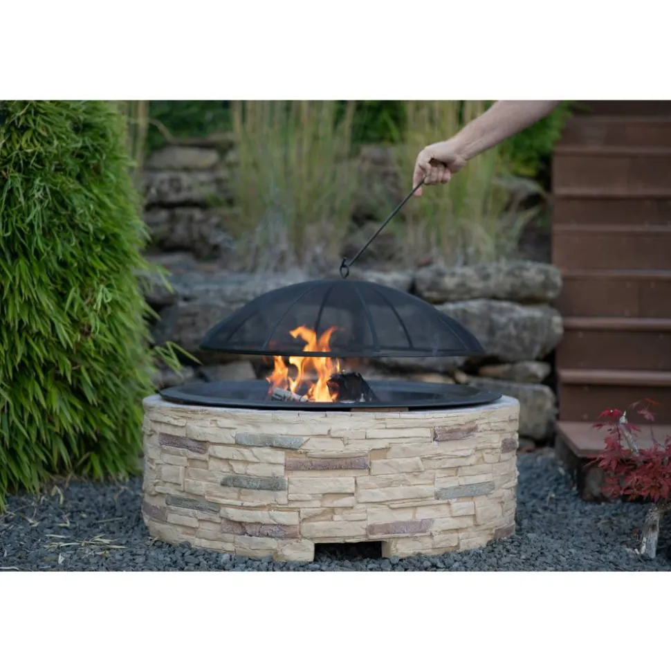 Feuerstelle Steinoptik braun mit Abfanggitter Stahl 90 x 90 x 51 cm