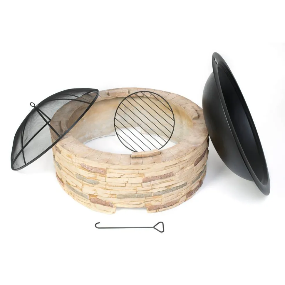 Feuerstelle Steinoptik braun mit Abfanggitter Stahl 90 x 90 x 51 cm