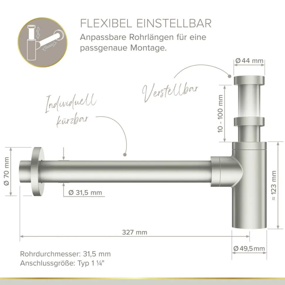Flaschensiphon 'Juri' edelstahlfarben, 1 1/4" x Ø 32 mm