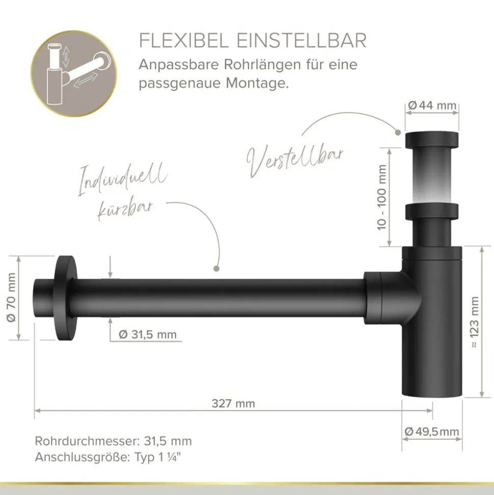 Flaschensiphon 'Juri' schwarz matt, 1 1/4" x Ø 32 mm