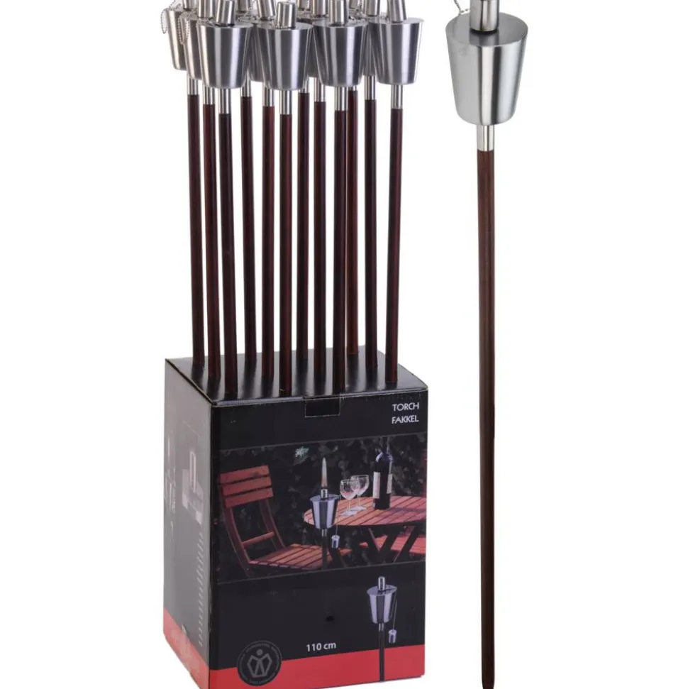 Gartenfackel Edelstahl silber 110 cm mit Holzstab