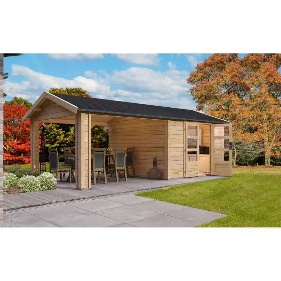 Gartenhaus 'Mylau 7' mit Anbaudach 600 x 304 x 250 cm naturfarben