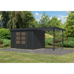 Gartenhaus-Set 'Komet 4 C' Fichtenholz anthrazit / anthrazit mit Anbaudach 2,35 m breit 514,5 x 209 x 213,5 cm
