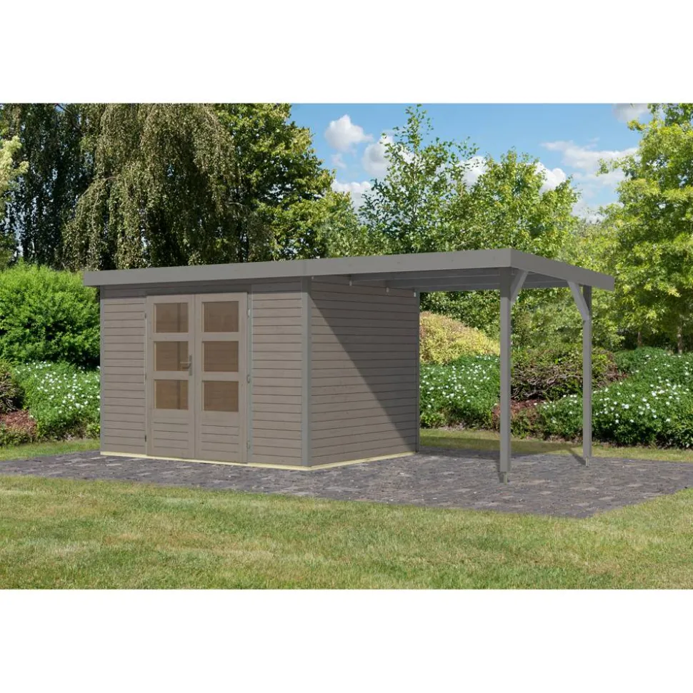 Gartenhaus-Set 'Komet 4 D' Fichtenholz wassergrau / graualuminium mit Anbaudach 2,35 m breit 514,5 x 209 x 213,5 cm