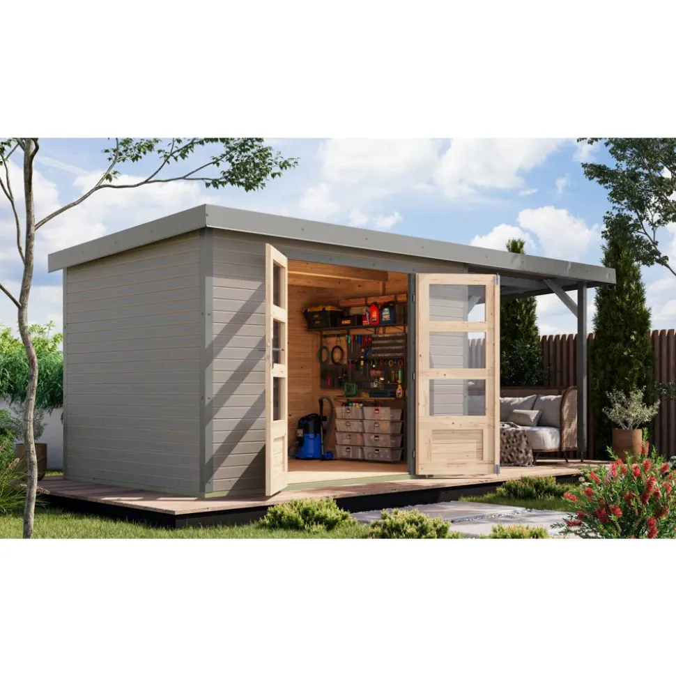 Gartenhaus-Set 'Komet 4 D' Fichtenholz wassergrau / graualuminium mit Anbaudach 2,35 m breit 514,5 x 209 x 213,5 cm