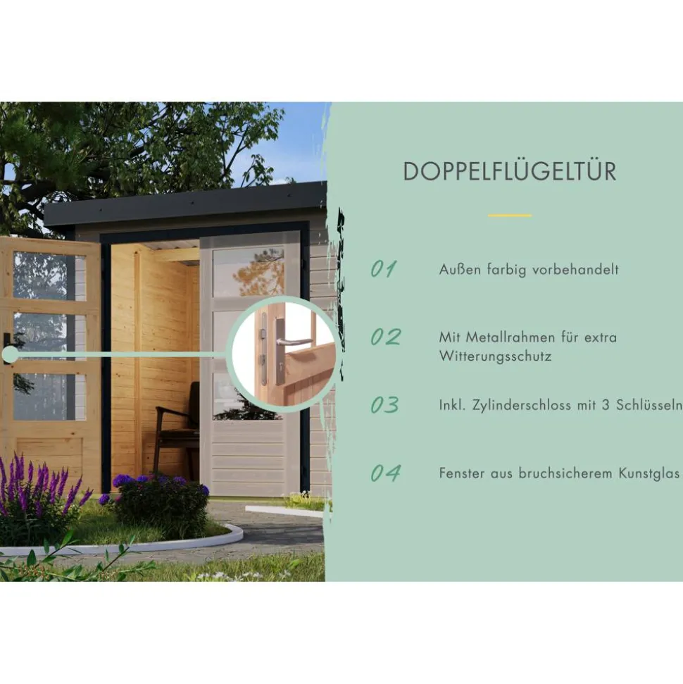 Gartenhaus-Set 'Komet 4 D' Fichtenholz wassergrau / graualuminium mit Anbaudach 2,35 m breit 514,5 x 209 x 213,5 cm