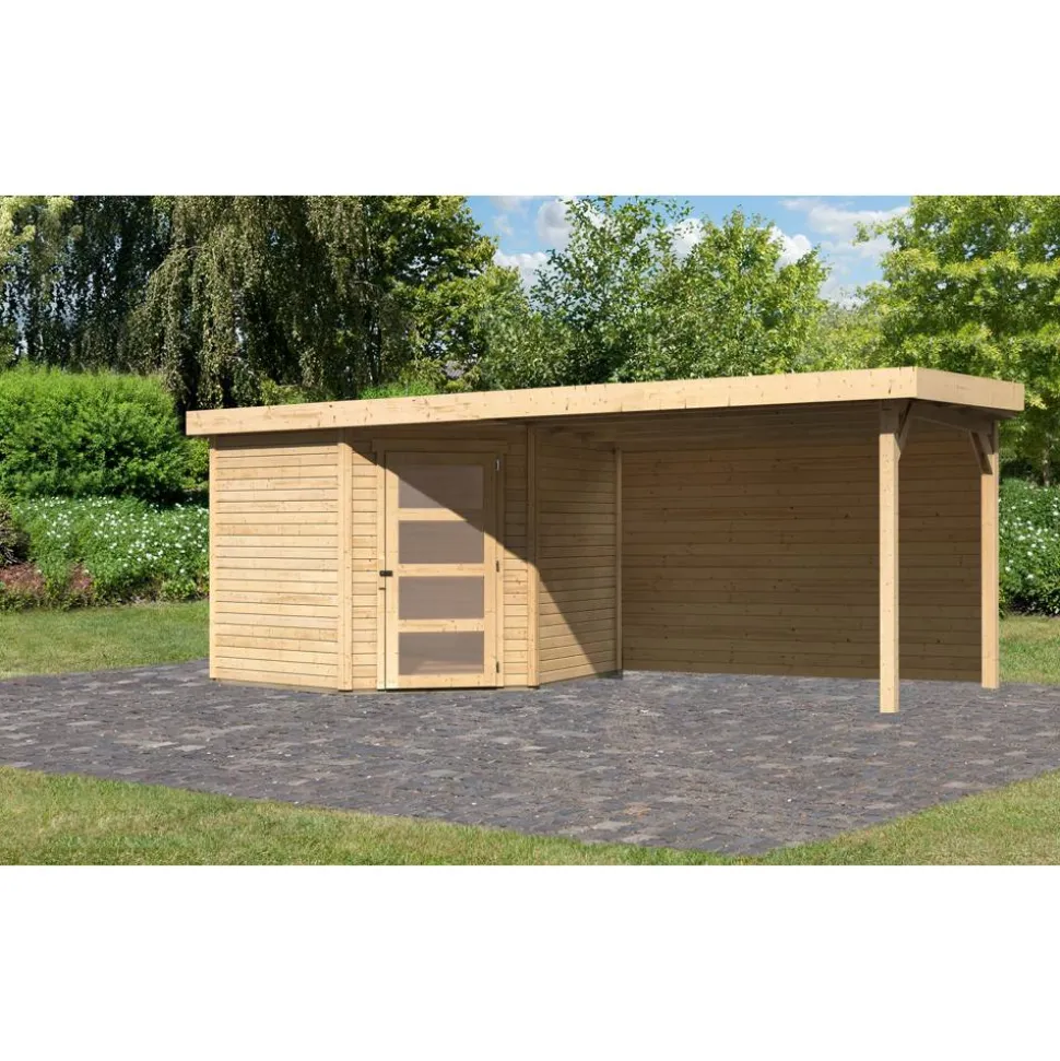 Gartenhaus-Set 'Krähendorf 5' naturbelassen mit Anbaudach und Rückwand 529,5 x 218 x 262 cm