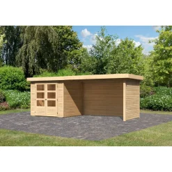 Gartenhaus-Set 'Raskola 2' naturbelassen mit Anbaudach, Seiten- und Rückwand 504,5 x 211 x 238 cm