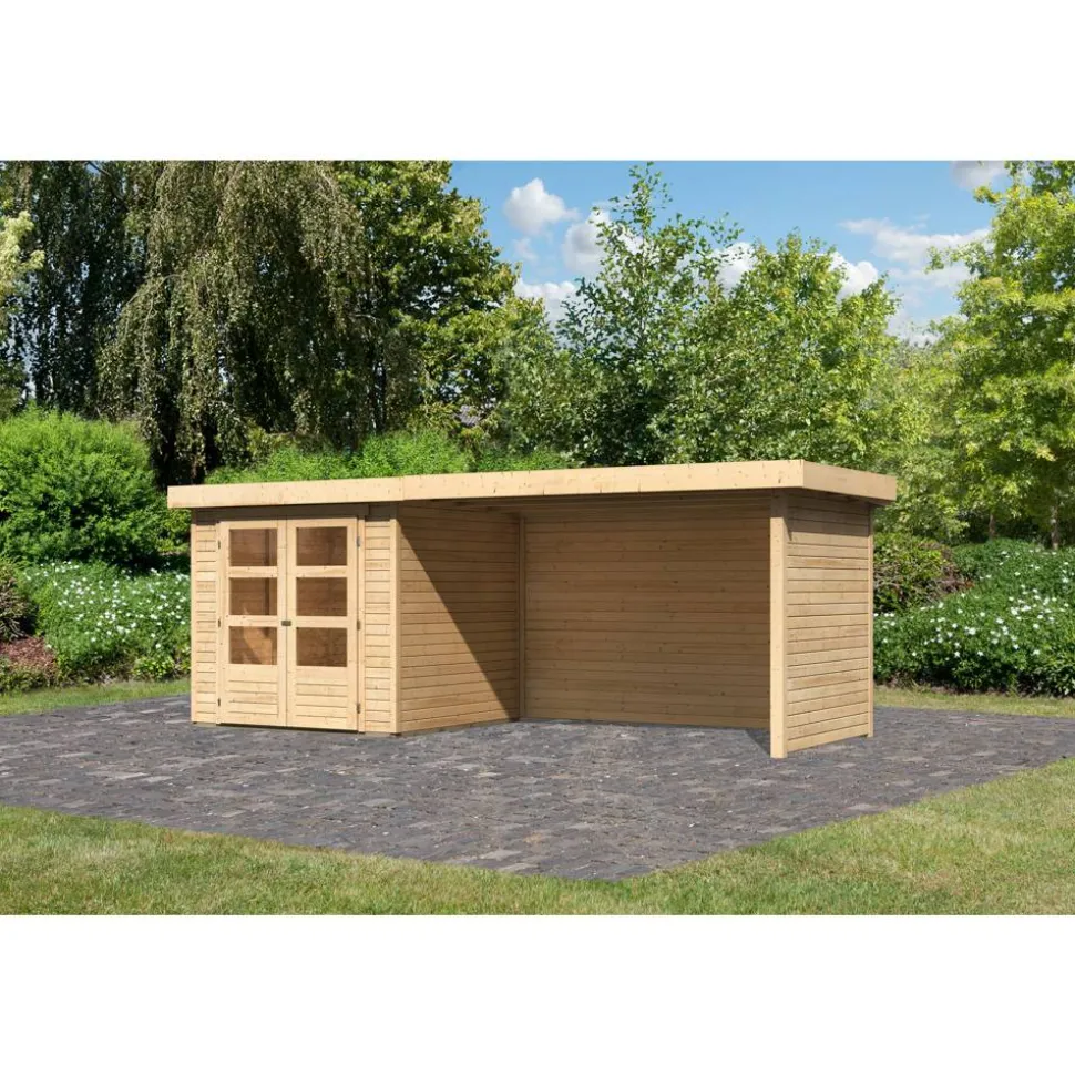 Gartenhaus-Set 'Raskola 2' naturbelassen mit Anbaudach, Seiten- und Rückwand 504,5 x 211 x 238 cm