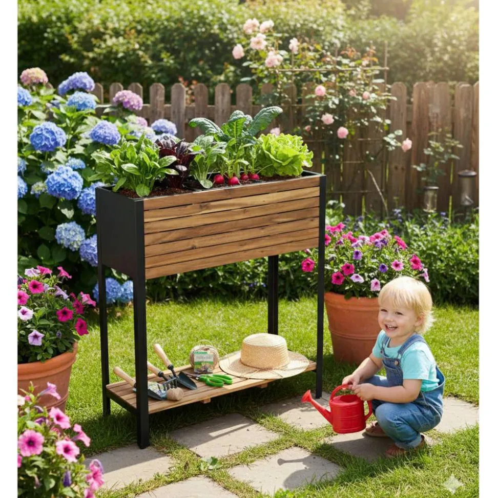 Hochbeet 'Leonie' Akazienholz/Stahlrahmen naturfarben/schwarz 90 x 100 x 31 cm