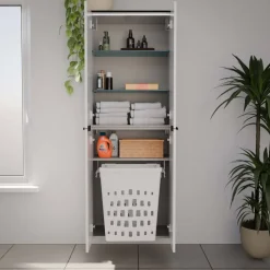 Hochschrank 'Flair' weiß/schwarz inklusive Wäschekorb mit Auszug 62,8 x 163,3 x 32 cm