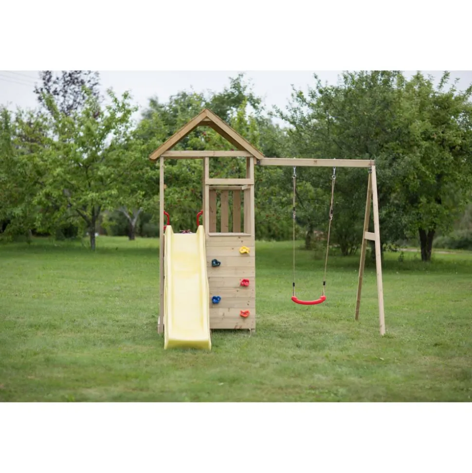 Holz-Spielturm 'Pelikan' natur Rutsche, Kletterwand, Schaukel und Sitzgarnitur 280 x 270 x 270 cm