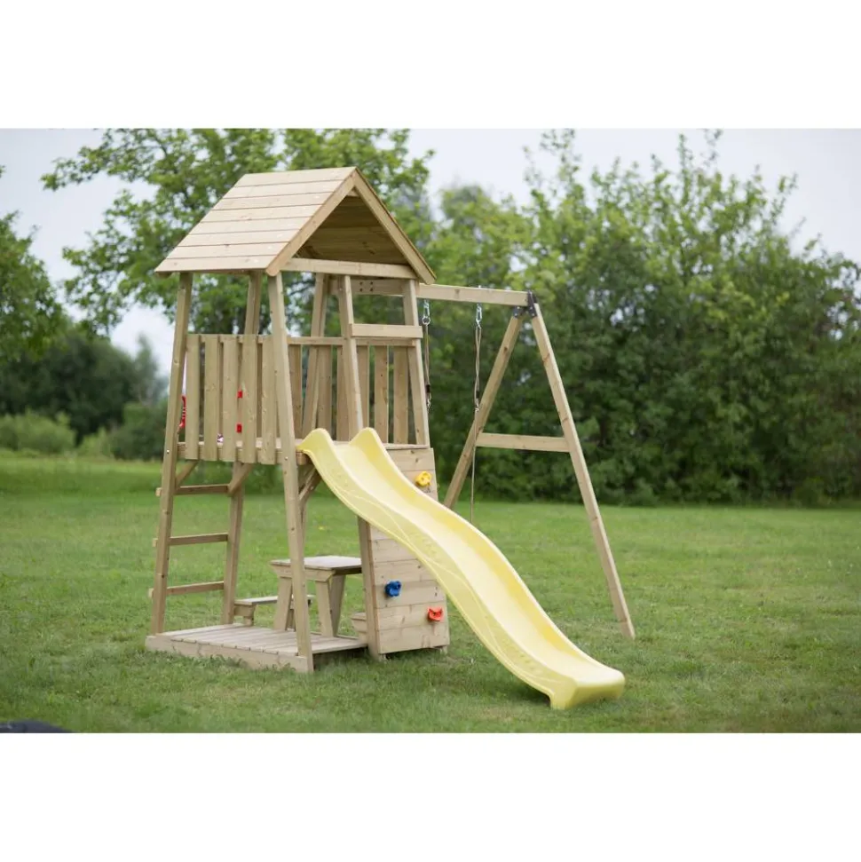 Holz-Spielturm 'Pelikan' natur Rutsche, Kletterwand, Schaukel und Sitzgarnitur 280 x 270 x 270 cm
