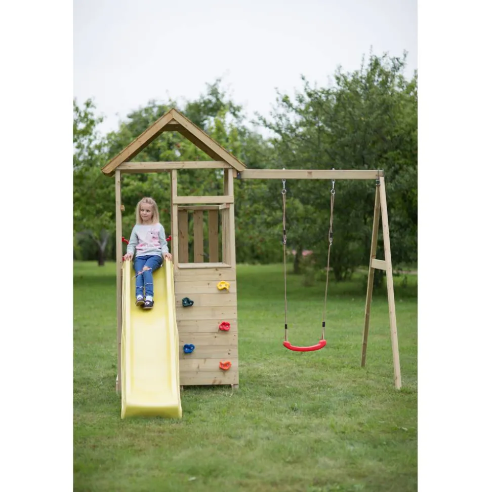 Holz-Spielturm 'Pelikan' natur Rutsche, Kletterwand, Schaukel und Sitzgarnitur 280 x 270 x 270 cm