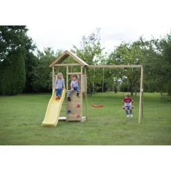 Holz-Spielturm 'Pinguin' natur Rutsche, Kletterwand, 2 Schaukeln und Sandkasten 280 x 340 x 270 cm