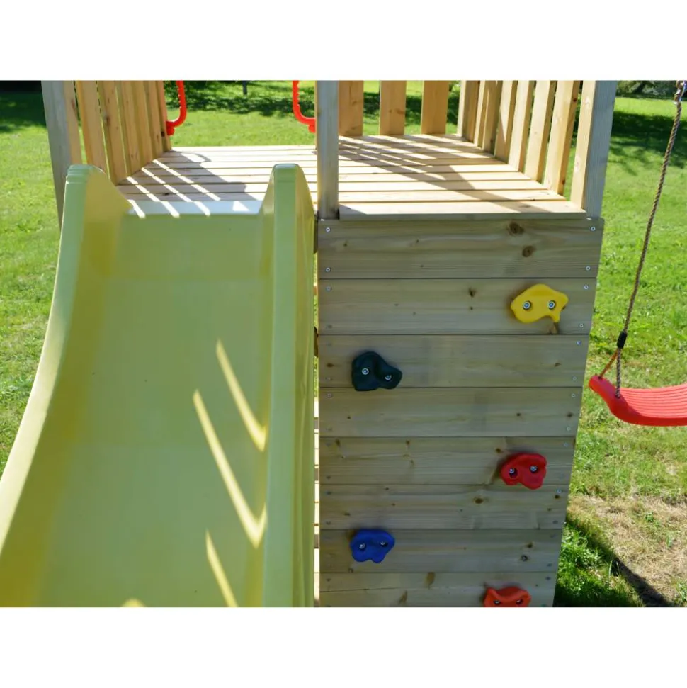 Holz-Spielturm 'Pinguin' natur Rutsche, Kletterwand, 2 Schaukeln und Sandkasten 280 x 340 x 270 cm