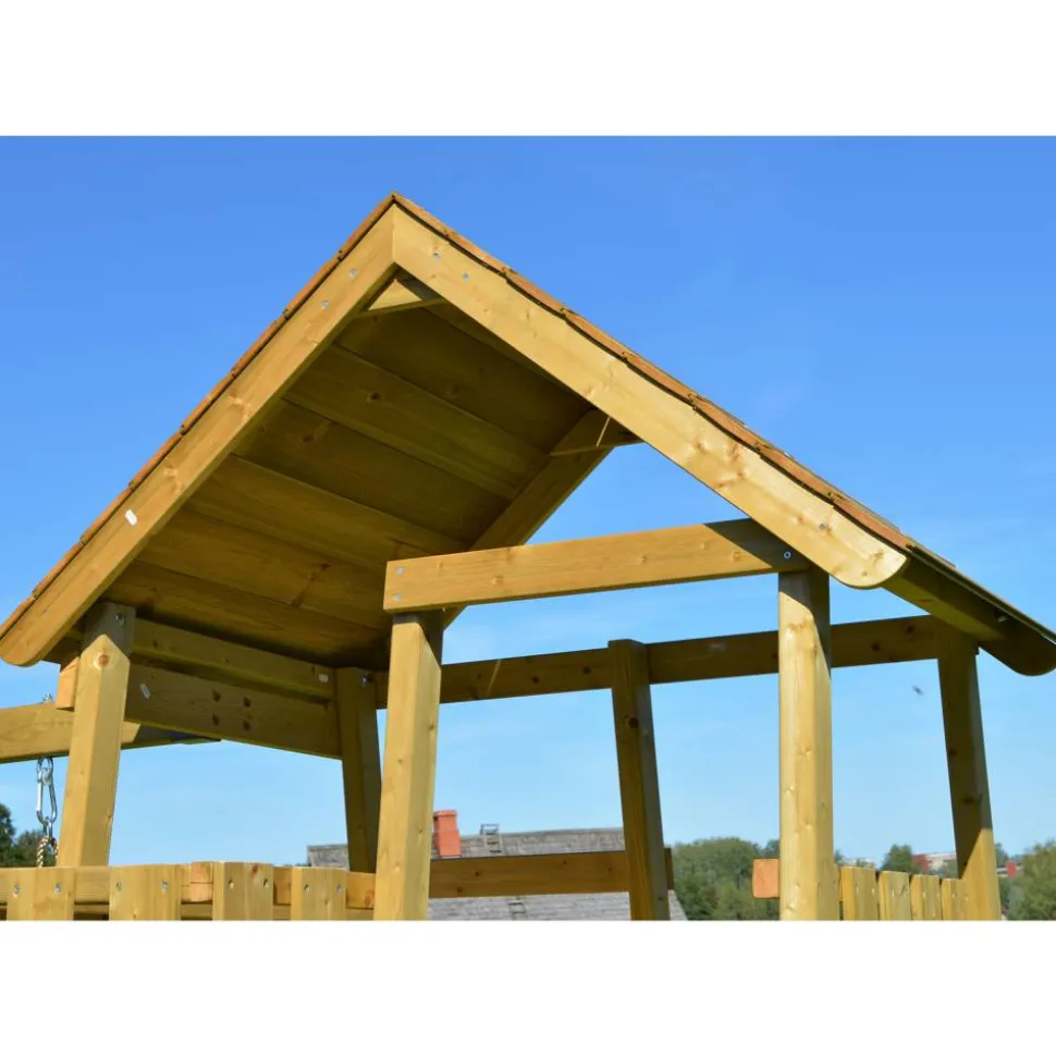 Holz-Spielturm 'Pinguin' natur Rutsche, Kletterwand, 2 Schaukeln und Sandkasten 280 x 340 x 270 cm