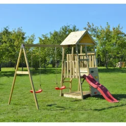 Holz-Spielturm 'Salamander' natur Rutsche, Kletterwand und 2 Schaukeln 290 x 340 x 270 cm