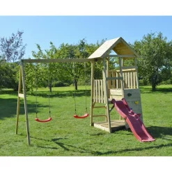 Holz-Spielturm 'Salamander' natur Rutsche, Kletterwand und 2 Schaukeln 290 x 340 x 270 cm