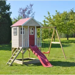 Holz-Stelzenhaus 'Alpaka' natur mit Rutsche, Schaukel und Sandkasten 290 x 350 x 242 cm