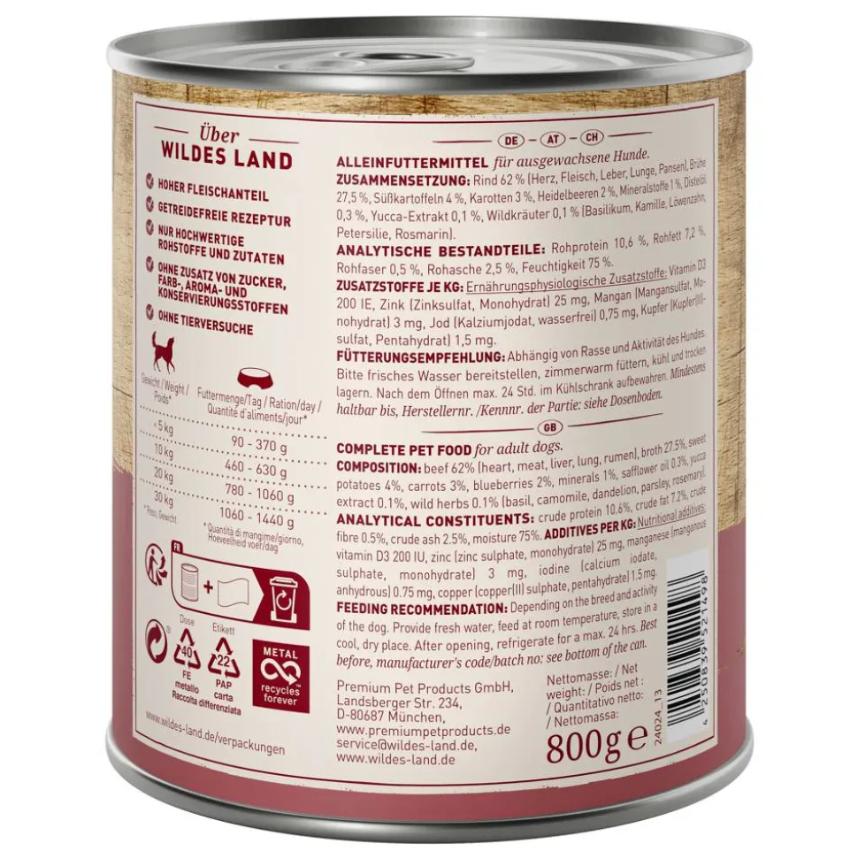 Hundenassfutter 'Rind mit Süßkartoffeln, Heidelbeeren, Wildkräutern und Distelöl' Adult 800 g
