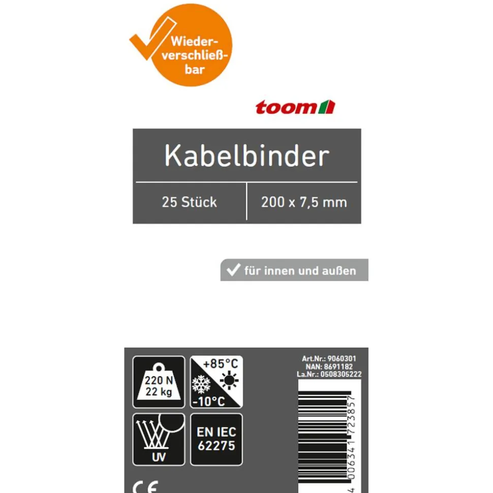 Kabelbinder wiederverschließbar schwarz 7,5 x 200 mm 25 Stück